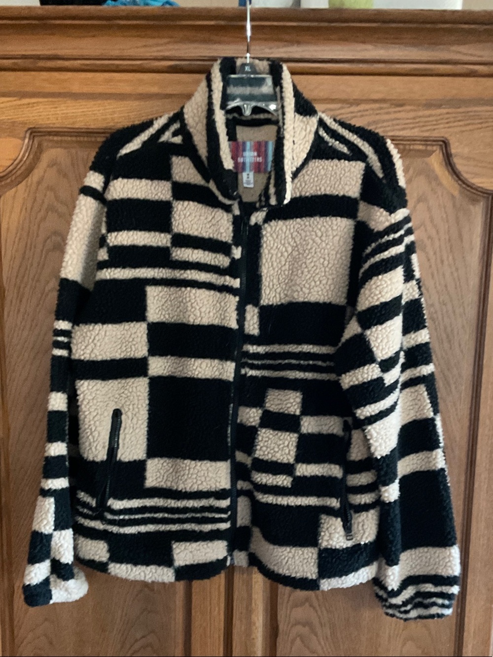 Urban Outfitters Black & Cream Check Sherpa Bomber Jacket